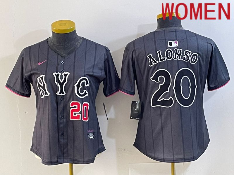 Women New York Mets 20 Alonso Black City Edition 2024 Nike MLB Jersey style 4